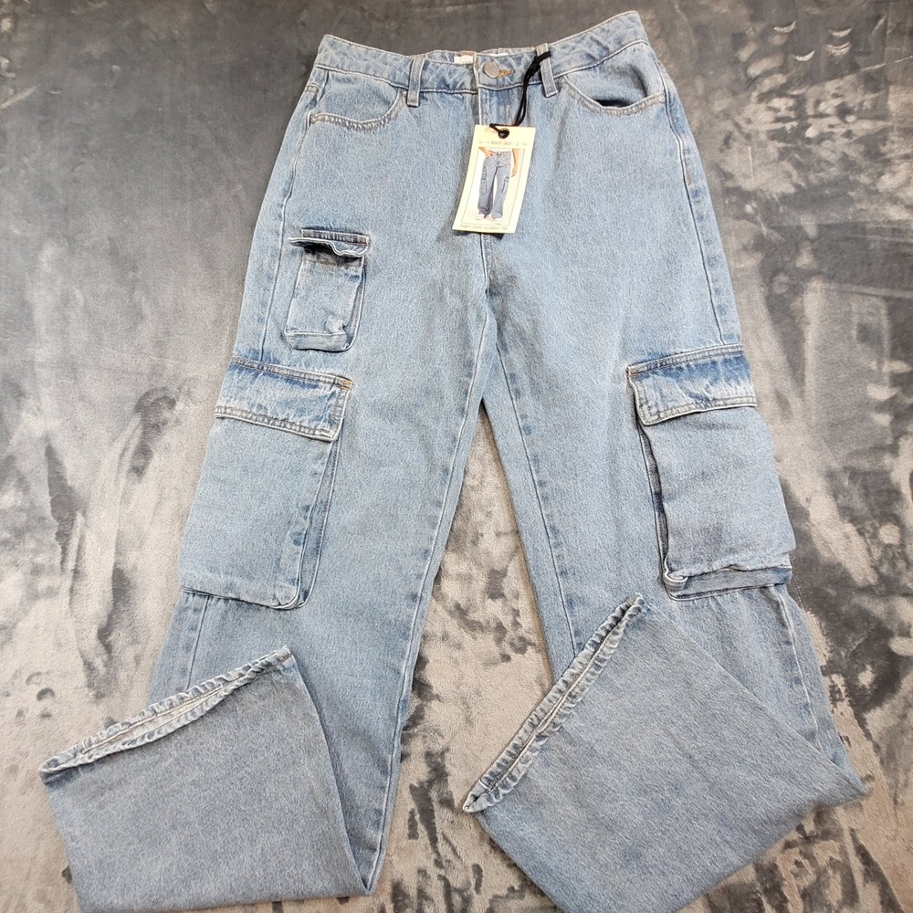 Banjara‎ High Rise Skater Fit Cargo Jeans Light Wash Wide Leg Denim Size 7/27
